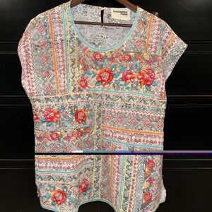 Savanna Jane Women's Embroidered Floral Blouse Size Large Cap Sleeve Flowy Rayon